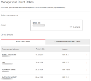 Direct debits detailed in your personal bank area