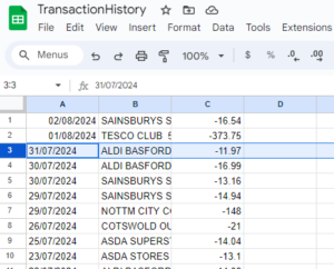 Google sheets showing transactions