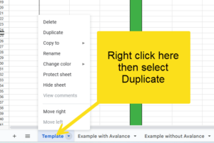 Snippet showing how to create a duplicate from the template by right clicking the bottom tab