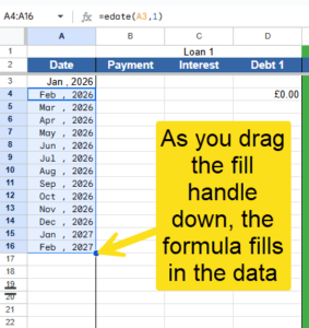 snippet showng the data fill handle in use