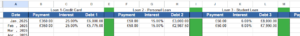 Snippet of the avalance payoff spreadsheet showing initial setup