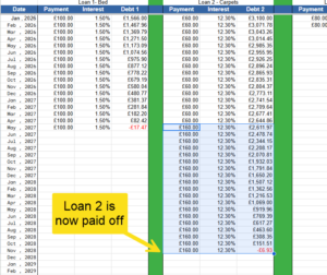 snippet showing when loan 2 is paid off 