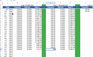 snippet showing payments to loan 2 upto loan 1's payoff date