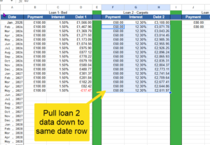 snippet showing loan 2 pulled down to loan 1 payoff date