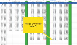 snippet showing loan 2's payoff date and all the payment now going to loan 3