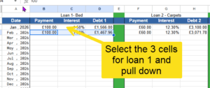 Snippet shwong the snowball method where initial data is entered and we're going to pull down on loan 1